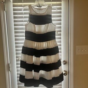 eShakti Navy Blue and White Pleated Midi Dress